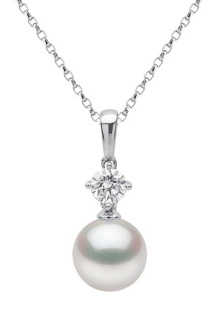 Classic Pendant Necklace, 18k White Gold, Diamond & 9mm Pearl